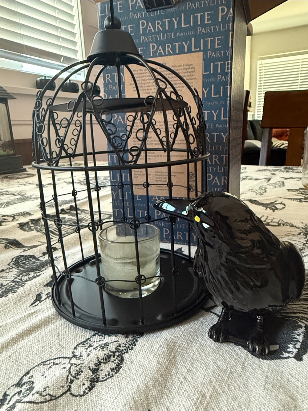 PartyLite Black Metal Birdcage Candle Holder with Black Ceramic Bird